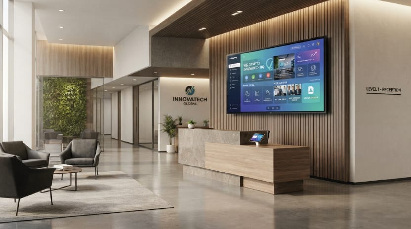 Recepción corporativa con pantalla de cartelería digital encendida, mostrador y zona de espera